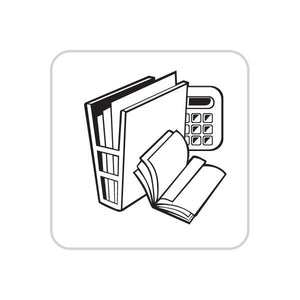 Business icon wall decal featuring books, calculator, and documents in black line art