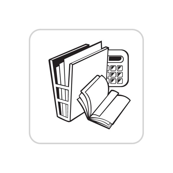 Business icon wall decal featuring books, calculator, and documents in black line art