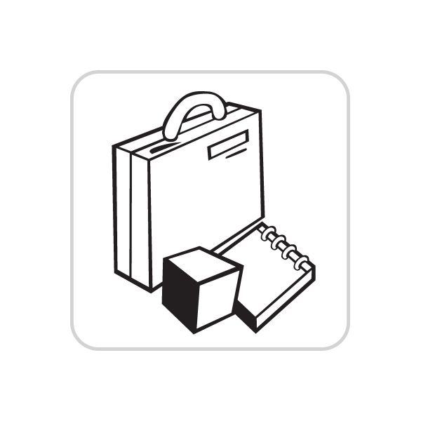 Office icon wall decal with clipboard, document, and cube in black line art
