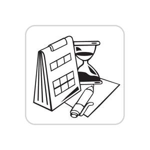 Business icon wall decal with office building, hourglass, and pencil illustration
