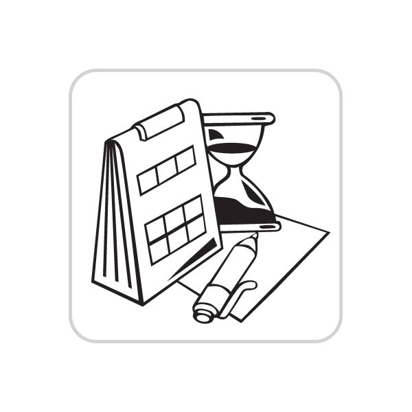Business icon wall decal with office building, hourglass, and pencil illustration