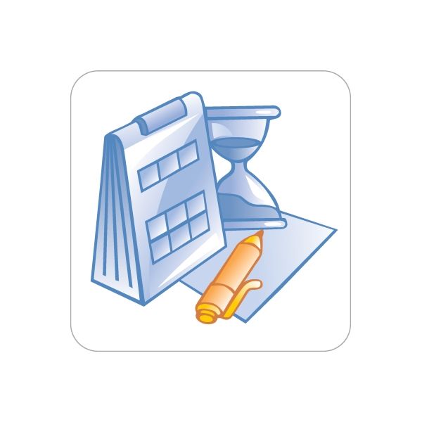 Business icon wall decal sticker: blue building, hourglass and orange rolled paper