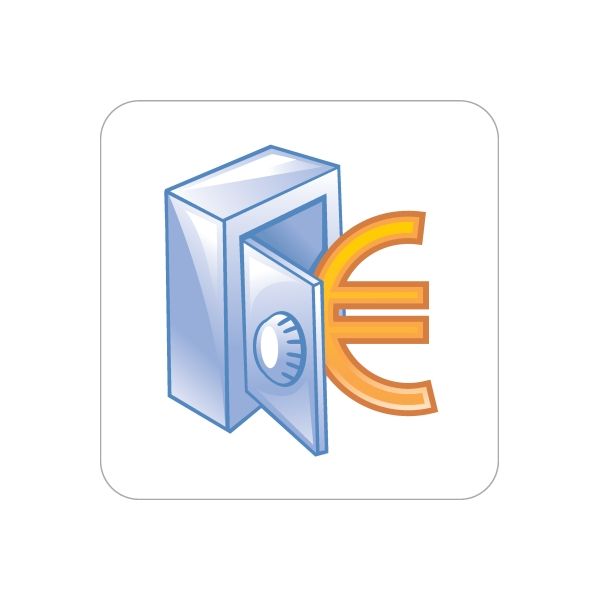 Vinyl business icon sticker: blue door block with orange euro symbol