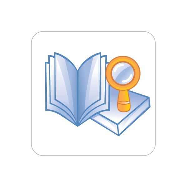 Business wall decal: blue open book with orange magnifying glass