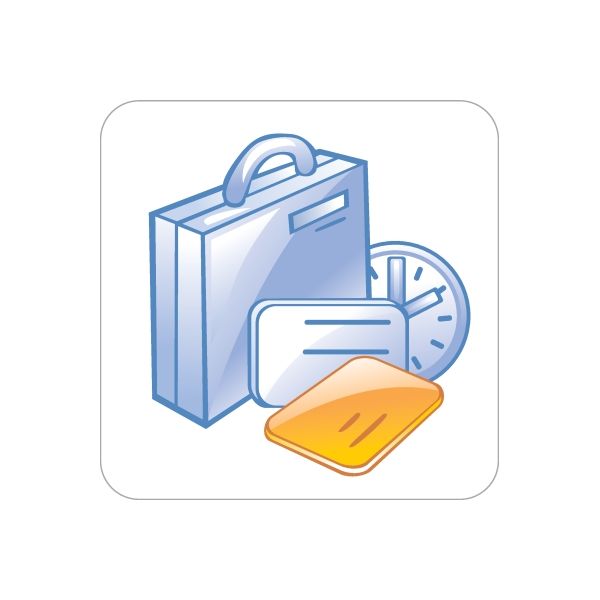 Business icon wall decal featuring blue folder, clock, and orange document