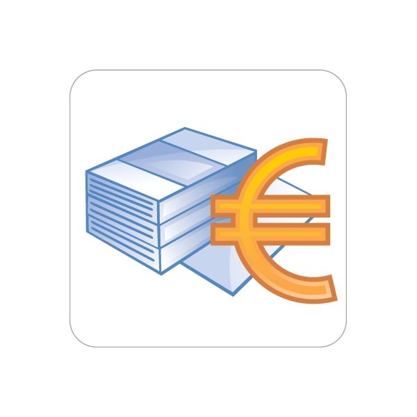 Business icon vinyl sticker with blue server and orange euro symbol