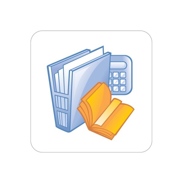 Business icon vinyl sticker with blue calculator and orange books