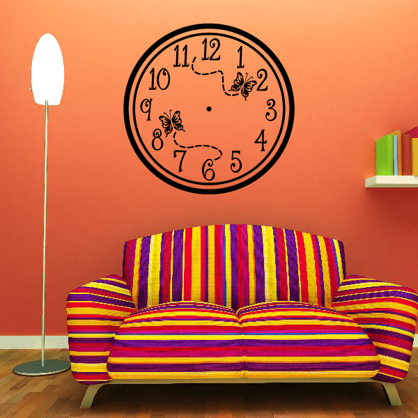 Round clock face wall decal with orange butterflies and black number rings