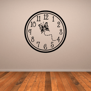 Butterfly clock face wall decal with circular black border and roman-style numbers