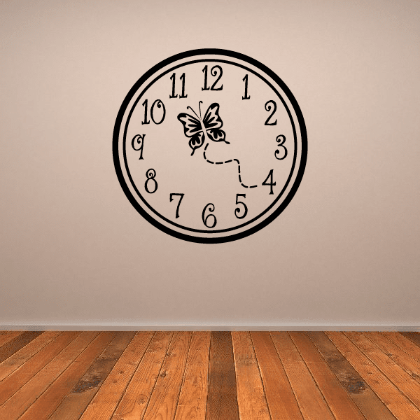 Butterfly clock face wall decal with circular black border and roman-style numbers