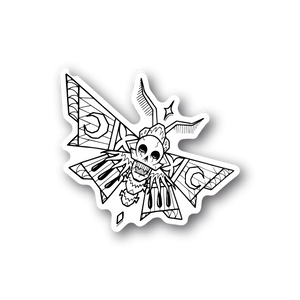 Butterfly skull vinyl sticker with star and web line art, white and dark outlines