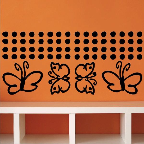 Butterfly wall decals kit with black dot border and butterfly outlines