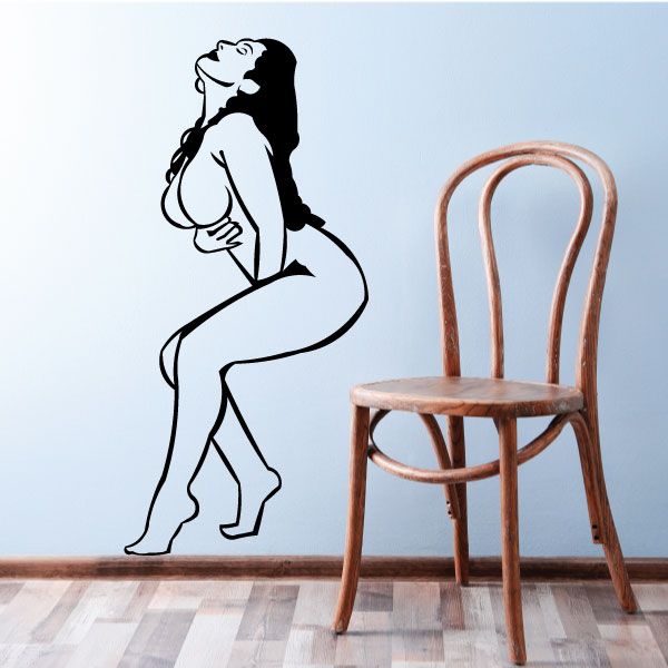 Woman silhouette wall decal, black line art profile of seated figure with long hair