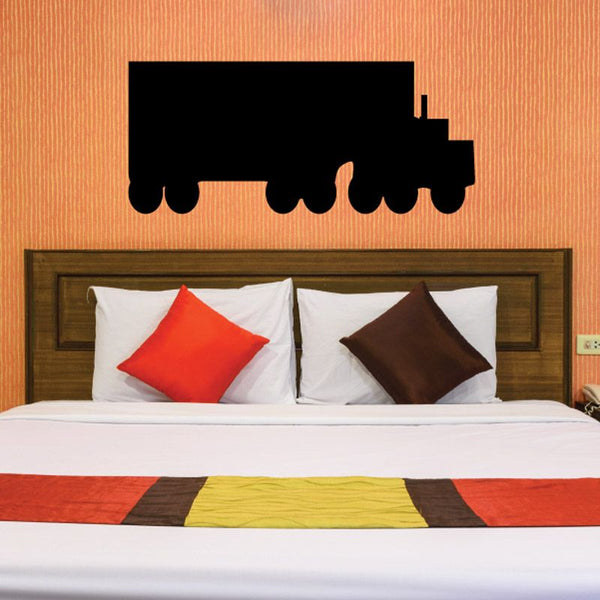 Cab and trailer truck vinyl wall decal, black silhouette with trailer