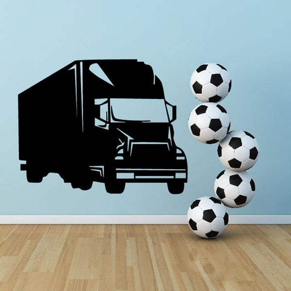 Black truck wall decal with trailer and four soccer balls graphic