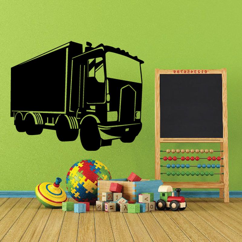 Cab and trailer truck vinyl wall decal, black truck silhouette on wall