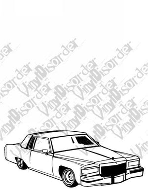 Lowrider car decal with white and black outline, front three-quarter view