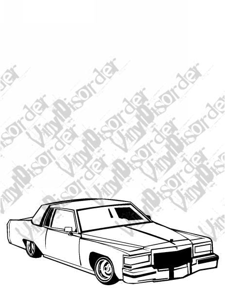 Lowrider car decal with white and black outline, front three-quarter view