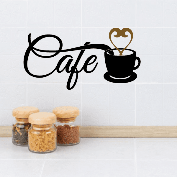 Black coffee heart wall decal with cursive 'Cafe' and cup icon