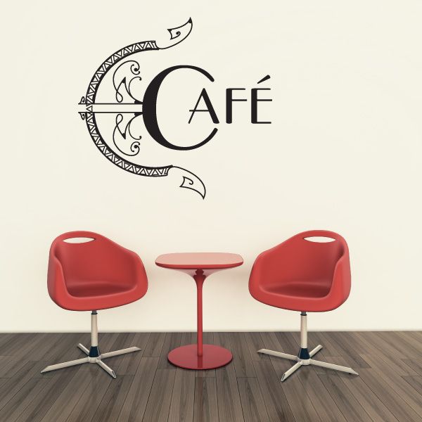 Cafe wall decal with black crescent moon and CAFÉ lettering