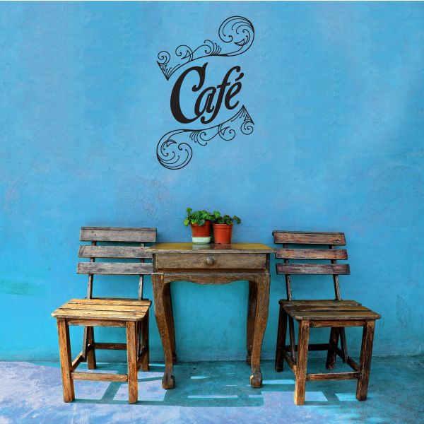 Cafe scroll text wall decal with ornate flourishes