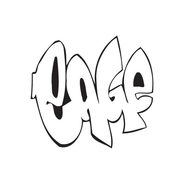 Graffiti-style decal with black outlines and dark letter shapes on white