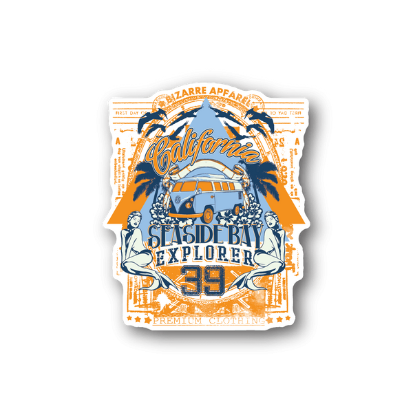 California seaside explorer vinyl sticker with orange and blue van, palm trees, 39 logo