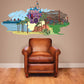 California sticker illustration with Hollywood sign, buildings, and palm trees
