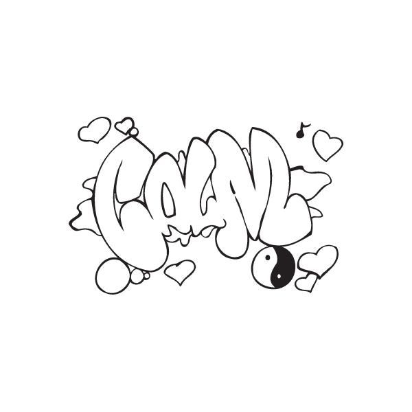 Graffiti decal with bubble letters, hearts, music notes, and small doodles