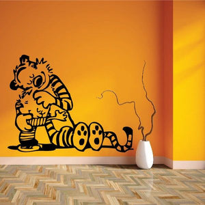 Hugging Calvin and Hobbes wall decal, black line art with bold outlines