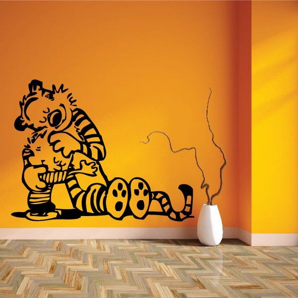 Hugging Calvin and Hobbes wall decal, black line art with bold outlines