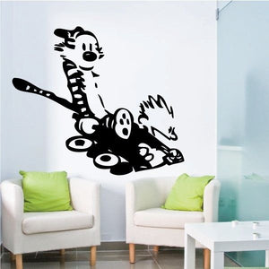 Calvin and Hobbes wagon wall decal, black cartoon characters on a wagon