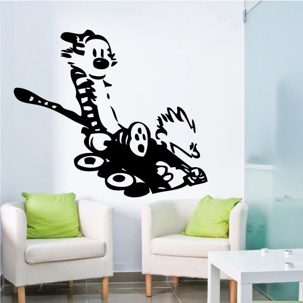 Calvin and Hobbes wagon wall decal, black cartoon characters on a wagon