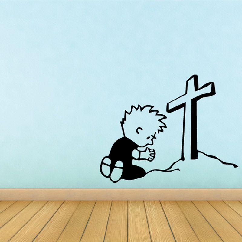 Image of Calvin Praying before a Mountain Decal