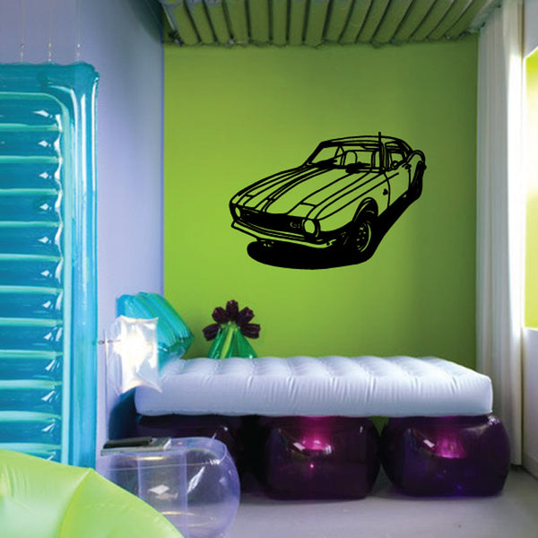 Camaro muscle car decal with black outline, front-view design
