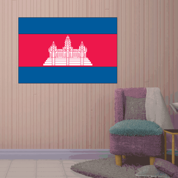 Cambodia flag sticker, rectangular blue-red with white Angkor Wat temple emblem