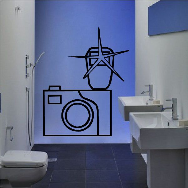 Camera flash decal with starburst and camera outline, black line art wall sticker