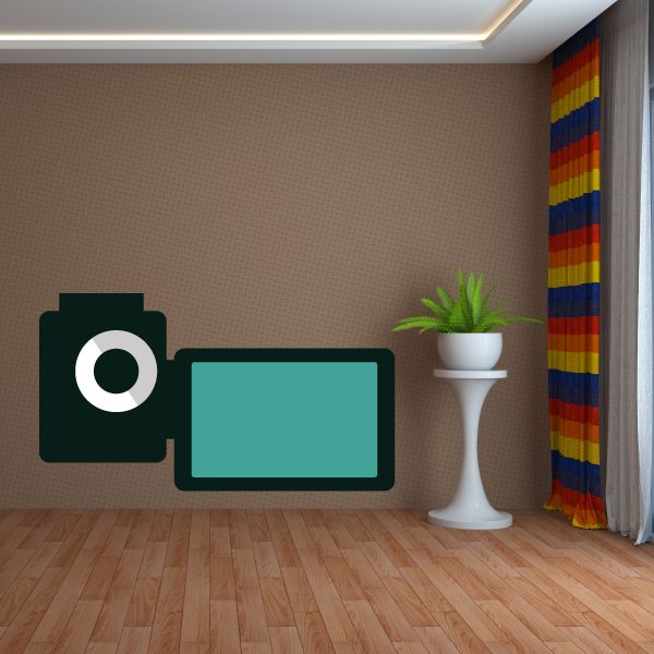 Camera wall decal vinyl sticker with large lens icon and teal screen panel