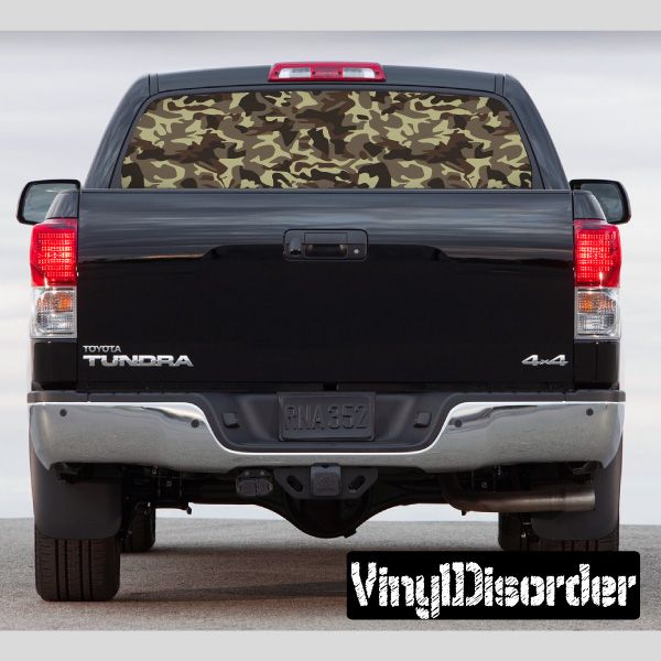 Camouflage rear window view graphic with camo pattern on pickup truck tailgate