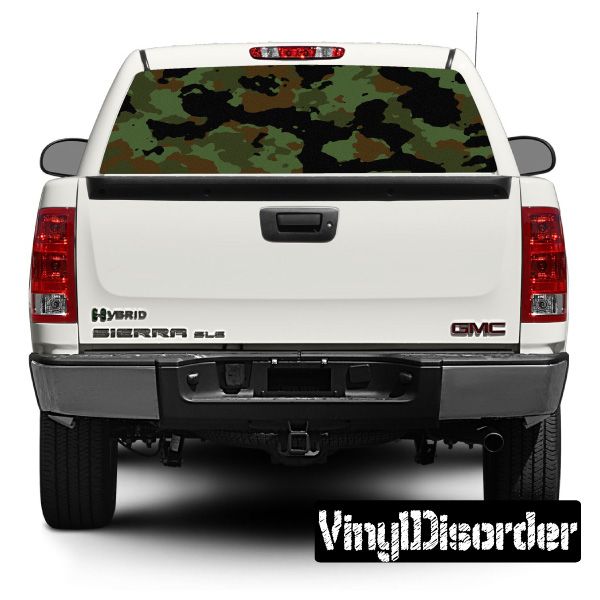 Camouflage rear window graphic decal for vehicle, dark green and black pattern