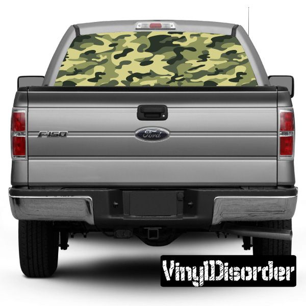 Camouflage rear window graphic cover with olive and black camo pattern