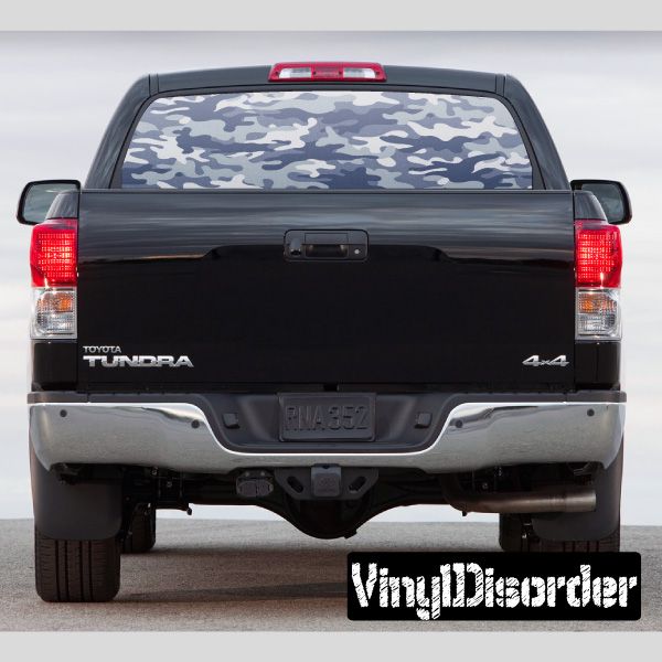 Camouflage rear window graphic for pickup truck, viewed from rear