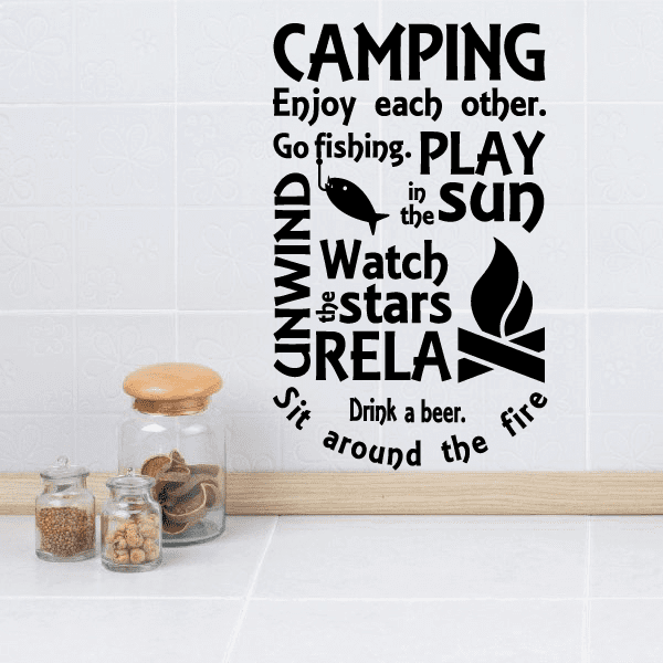Camping vinyl decal with black text and campfire, fish, and star icons