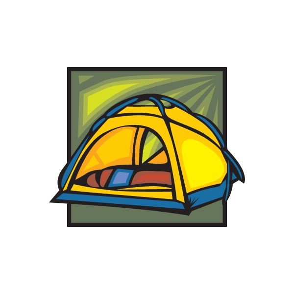 Camping tent sticker with cartoon yellow and orange tent, blue trim