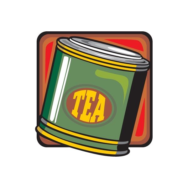 Tea can sticker with green can, silver lid, and bold TEA label