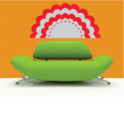 Green circular party sticker with red scalloped top and white bunting detail