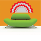 Green circular party sticker with red scalloped top and white bunting detail
