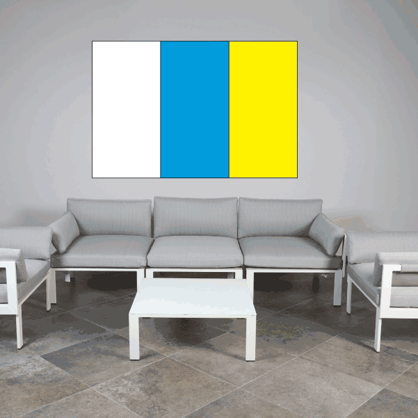 Flag sticker with white, blue, and yellow vertical stripes