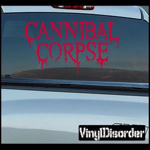 Cannibal Corpse decal with red dripping gothic lettering on a dark surface