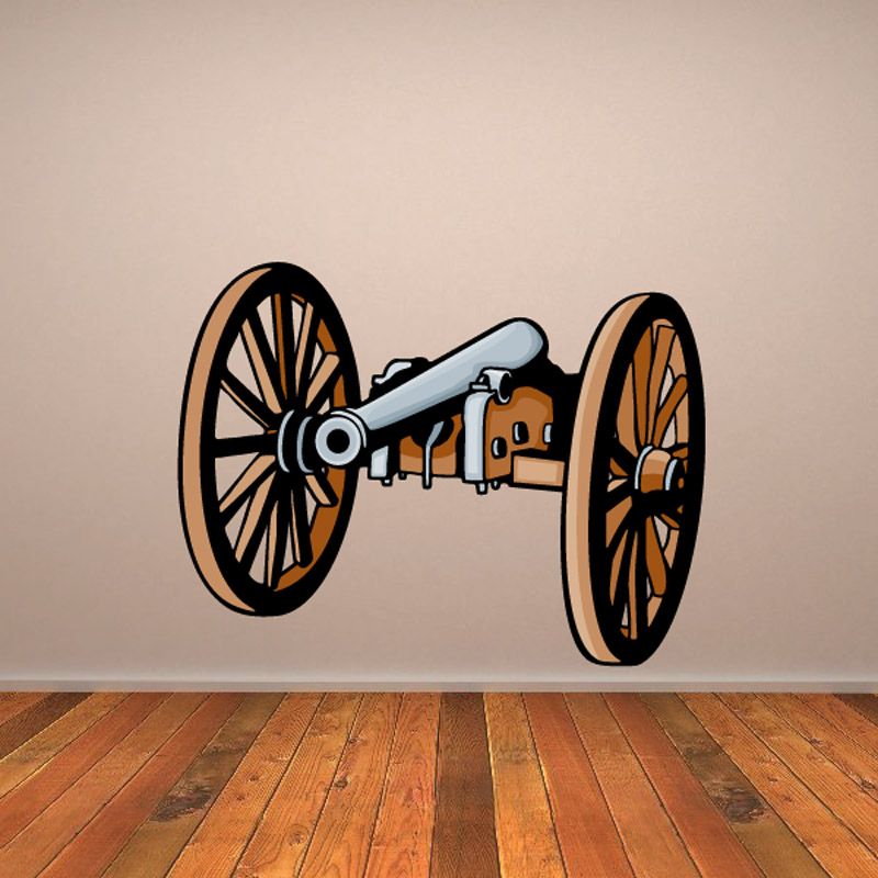 Printed die-cut decal of a vintage cannon with black wheels and gray barrel